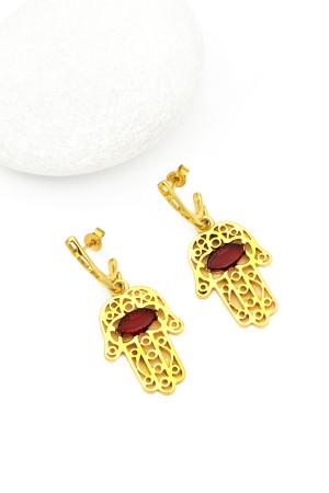 Cercei din Argint placat cu Aur si chihlimbar, Hamsa 4.3 cm