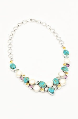 BIJUTERII ARGINT - Colier din Argint 925 cu Turcoaz, Perle, Citrin , Ametist si Topaz, 45 cm