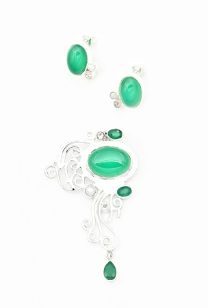 Set Cercei si Pandantiv din Argint 925 cu Onix Verde si Perla [1]