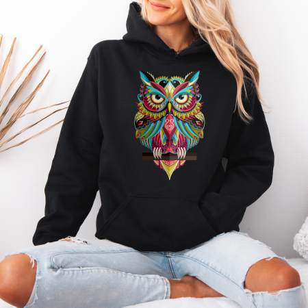 Hanorace dama cu mesaje inspirationale - Hanorac dama cu gluga Owl Spirit – Black & White Edition