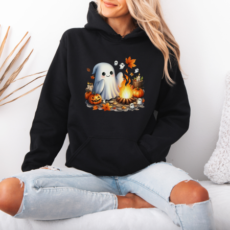 Hanorace dama Halloween - Hanorac dama cu gluga Ghost Campfire – Black & White Edition