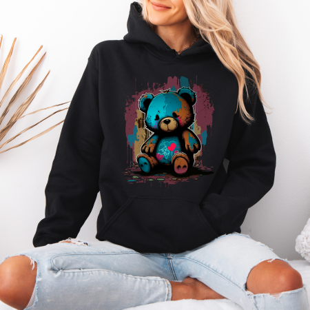 Hanorace dama cu ursuleti - Hanorac dama cu gluga Broken Heart Bear – Black & White Edition