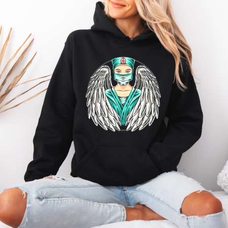 Hanorace dama cu mesaje inspirationale - Hanorac dama cu gluga Nurse Angel – Black & White Edition