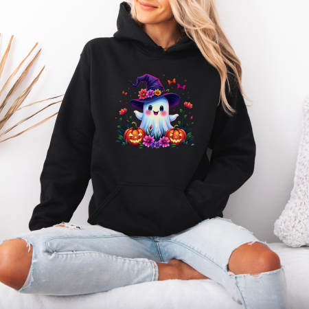 Hanorace dama Halloween - Hanorac dama cu gluga Colorful Witch Ghost – Black & White Edition