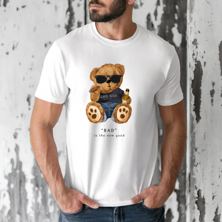 Tricouri barbati - Tricou barbati din bumbac 100% regular fit,Alb,marimea M,Ursulet 1
