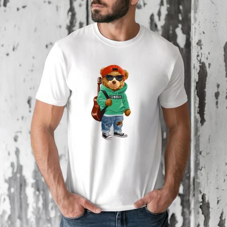 Tricouri barbati - Tricou barbati din bumbac 100% regular fit,Alb,marimea S,Ursulet 14