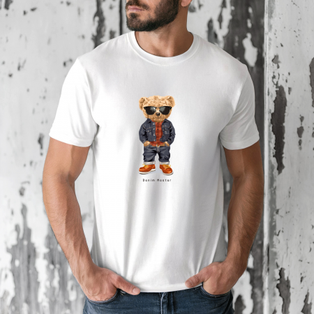 Tricouri barbati - Tricou barbati din bumbac 100% regular fit,Alb,marimea S,Ursulet 2