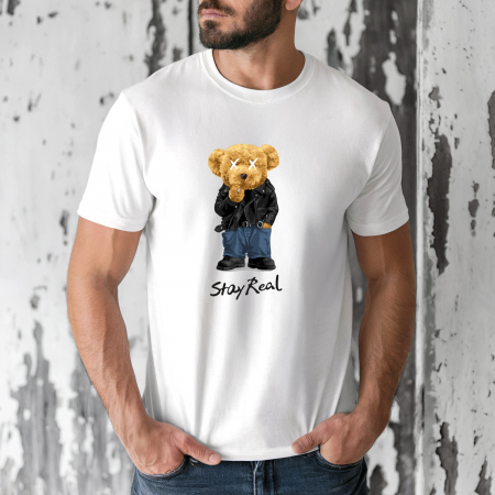 Tricouri barbati - Tricou barbati din bumbac 100% regular fit,Alb,marimea M,Ursulet 42
