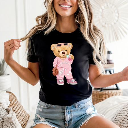 Tricouri cu ursuleti - Tricou dama din bumbac 100% regular fit,Negru,marimea XXL,Ursulet 18