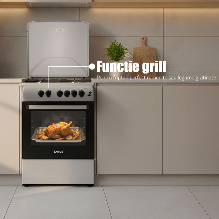 Aragaz Samus SM664XPGS1, 4 arzatoare gaz, cuptor gaz, aprindere electrica plita, timer, grill, sigurante plita si cuptor, Inox/laterale argintii [6]