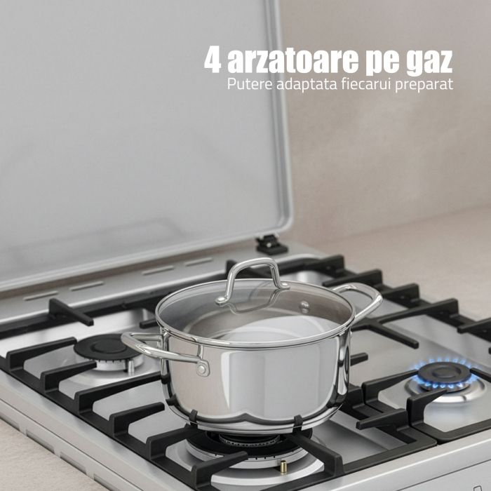 Aragaz Samus SM664XPGS1, 4 arzatoare gaz, cuptor gaz, aprindere electrica plita, timer, grill, sigurante plita si cuptor, Inox/laterale argintii [2]