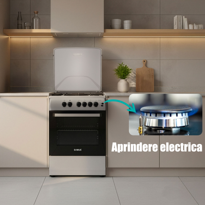 Aragaz Samus SM664XPGS1, 4 arzatoare gaz, cuptor gaz, aprindere electrica plita, timer, grill, sigurante plita si cuptor, Inox/laterale argintii [3]