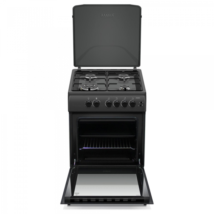 Aragaz pe gaz Samus SM664BPGS Antracit, 4 arzatoare, cuptor pe gaz 70 litri, 1 arzator Wok, aprindere electrica, dispozitiv siguranta plita si cuptor, timer, grill, latime 60 cm, negru [5]