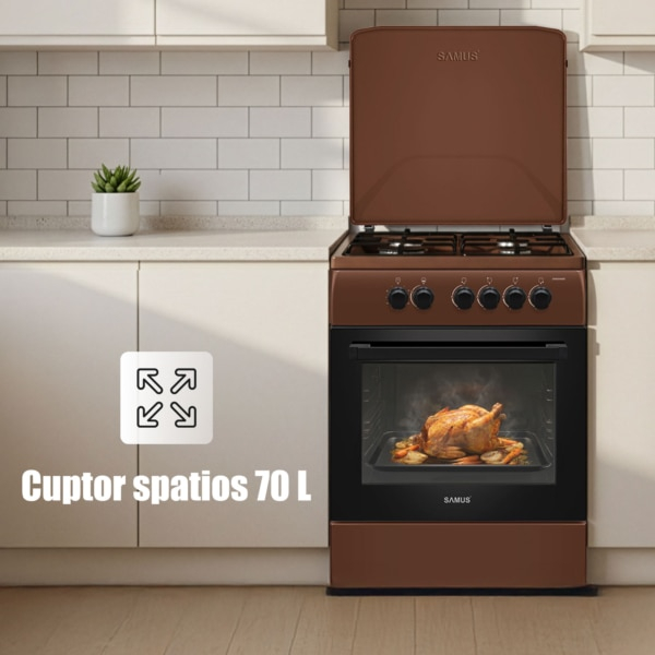 Aragaz pe gaz Samus SM664MBS, 4 arzatoare gaz, cuptor pe gaz, dispozitiv siguranta plita, dispozitiv siguranta cuptor, geam dublu la cuptor, timer mecanic, capac metalic, latime 60 cm, maro [3]