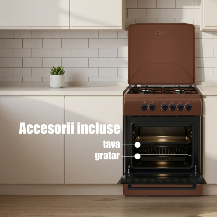 Aragaz pe gaz Samus SM664MBS, 4 arzatoare gaz, cuptor pe gaz, dispozitiv siguranta plita, dispozitiv siguranta cuptor, geam dublu la cuptor, timer mecanic, capac metalic, latime 60 cm, maro [6]