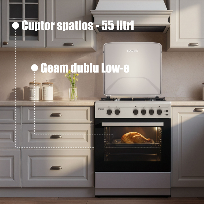 Aragaz Samus SM661XPGS1, 4 arzatoare (1 wok), Cuptor pe gaz, 55 L, Grill, Timer, Aprindere electrica plita, Siguranta plita + cuptor, Inox [5]