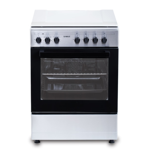 Aragaz Samus SM662AENS1 INOX, 4 arzatoare gaz( 1 arzator Wok), cuptor electric, 56 L, gratare fonta, aprindere electrica, Grill, lumina interioara, INox/laterale argintii [3]
