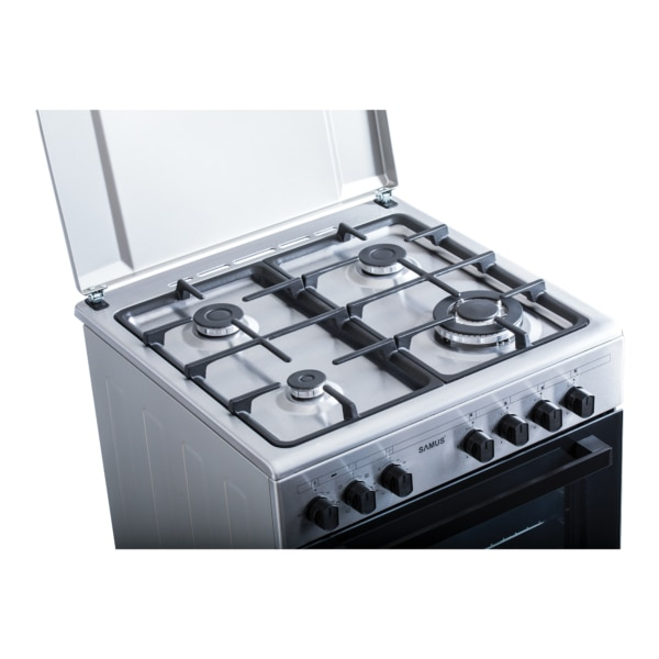 Aragaz Samus SM662AENS1 INOX, 4 arzatoare gaz( 1 arzator Wok), cuptor electric, 56 L, gratare fonta, aprindere electrica, Grill, lumina interioara, INox/laterale argintii [7]