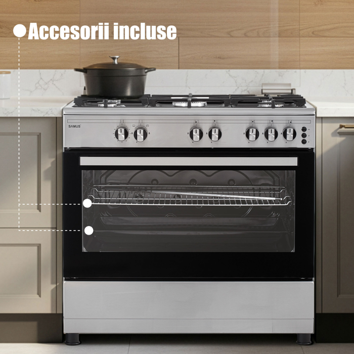 Aragaz Samus SM950AGRXS1, 90 cm, 5 arzatoare, cuptor gaz, aprindere electrica plita si cuptor, timer mecanic, capacitate cuptor 92 L, Inox/Laterale argintii [12]