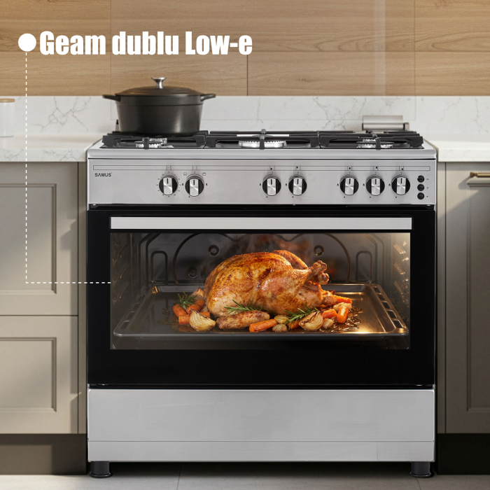 Aragaz Samus SM950AGRXS1, 90 cm, 5 arzatoare, cuptor gaz, aprindere electrica plita si cuptor, timer mecanic, capacitate cuptor 92 L, Inox/Laterale argintii [11]