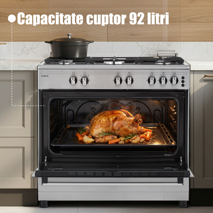 Aragaz Samus SM950AGRXS1, 90 cm, 5 arzatoare, cuptor gaz, aprindere electrica plita si cuptor, timer mecanic, capacitate cuptor 92 L, Inox/Laterale argintii [13]