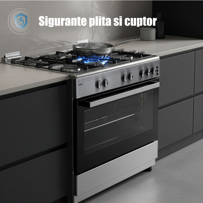 Aragaz Samus SM950AGRXS1, 90 cm, 5 arzatoare, cuptor gaz, aprindere electrica plita si cuptor, timer mecanic, capacitate cuptor 92 L, Inox/Laterale argintii [9]