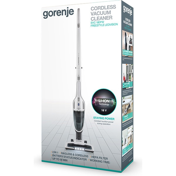 Aspirator vertical GORENJE Freestyle SVC180FW, 0.6l, 18V, autonomie max 45 min, iluminare LED, alb-gri inchis [3]