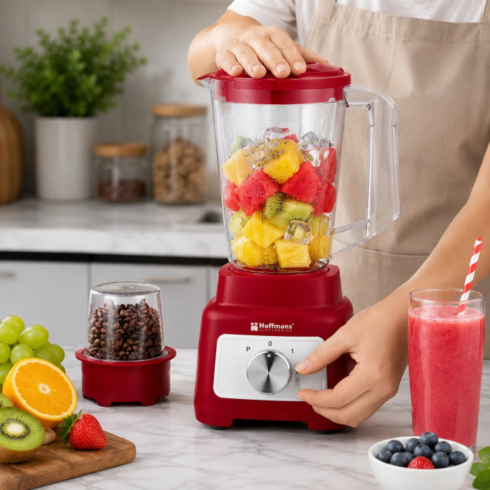 Blender 2 in 1 cu rasnita Hoffmans, Capacitate bol 1.75L, Tehnoligie ProBlend, 2 viteze + Pulse, recipient pentru macinare inclus, Rosu/Alb [5]