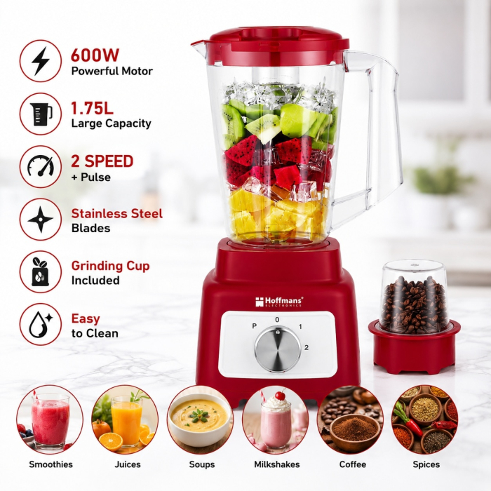 Blender 2 in 1 cu rasnita Hoffmans, Capacitate bol 1.75L, Tehnoligie ProBlend, 2 viteze + Pulse, recipient pentru macinare inclus, Rosu/Alb [4]