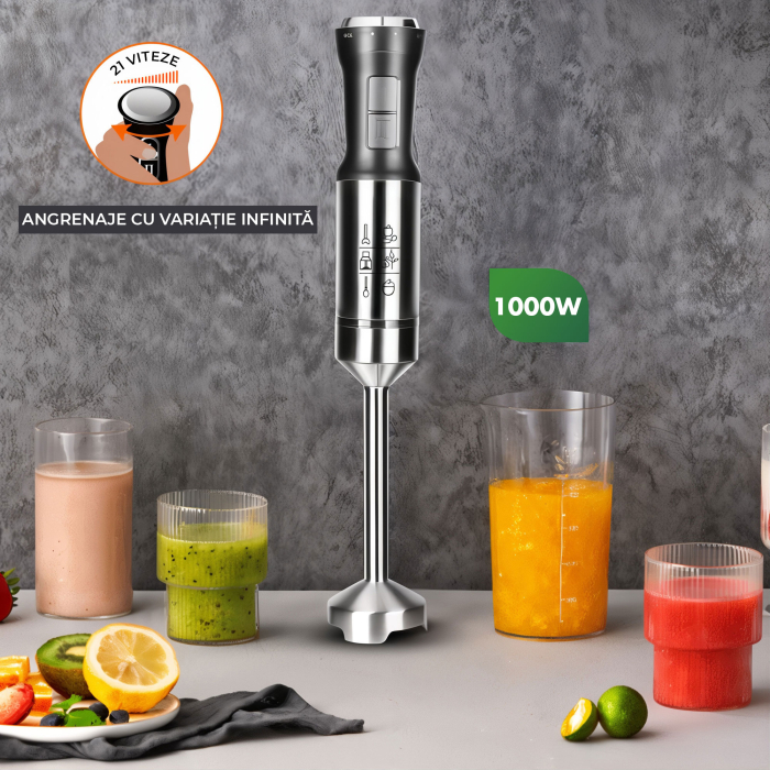 Blender de mână Hoffmans HM-8025, 1000W, 21 viteze, 4 lame inox, picior inox 304, anti-stropire, Argintiu [5]