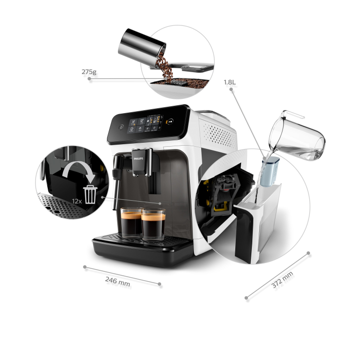 Espressor automat Philips EP1223/00 Seria 1200, 1500W, 15 bar, sistem clasic de spumare, 2 bauturi, afisaj tactil, optiune 2 cesti, 12 setari macinare, rasnita ceramica, Alb [5]