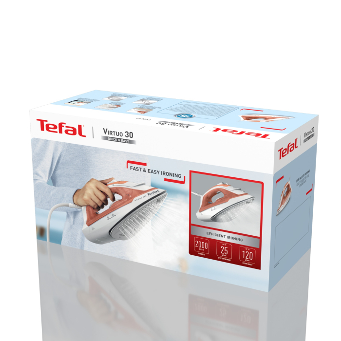Fier de calcat cu abur Tefal Virtuo FV2C40E0, 2000 W, 120 g/min, 0.24 l, Talpa ceramica, Calcare verticala, Sistem antipicurare, Alb/Portocaliu [9]