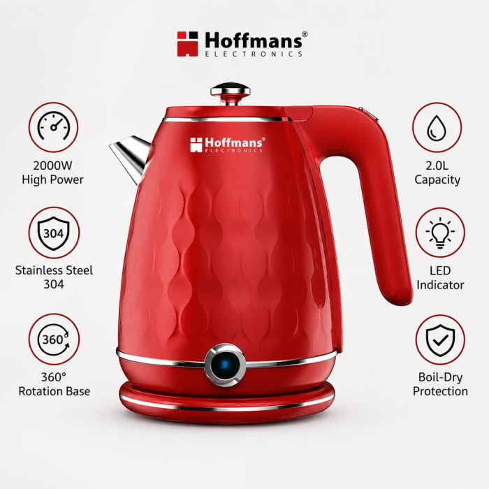 Fierbator Electric Hoffmans HM-2566, 2000W, Capacitate 2L, Inox 304, Baza Rotativa 360°, Indicator LED, Oprire Automata, Protecție la Supraincalzire, Rosu [4]