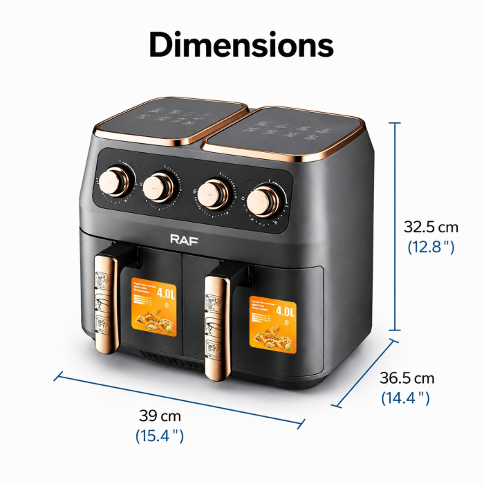 Friteuză cu Aer Cald Dublă RAF R-5236, 8L, 2800W, 2 Coșuri Independente, Touch Screen Digital, Ușă Dublă, Gătire Rapidă cu Aer 360°, Timer 60 Minute, Negru [9]