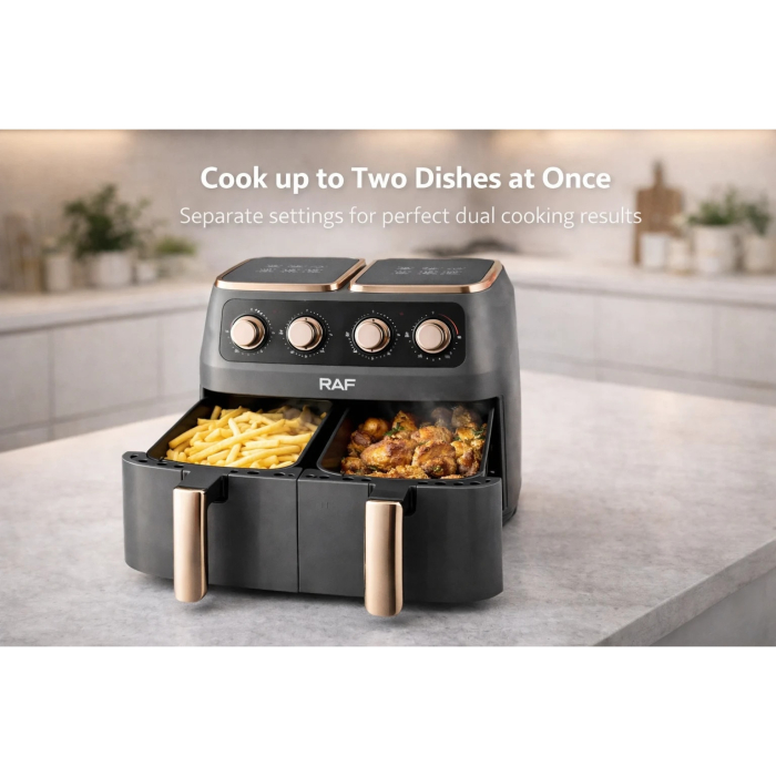 Friteuză cu Aer Cald Dublă RAF R-5236, 8L, 2800W, 2 Coșuri Independente, Touch Screen Digital, Ușă Dublă, Gătire Rapidă cu Aer 360°, Timer 60 Minute, Negru [5]