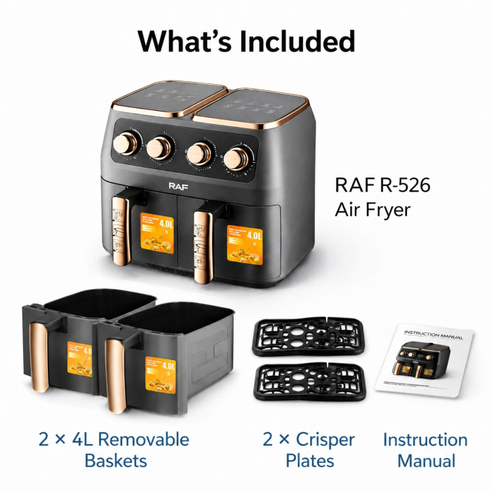 Friteuză cu Aer Cald Dublă RAF R-5236, 8L, 2800W, 2 Coșuri Independente, Touch Screen Digital, Ușă Dublă, Gătire Rapidă cu Aer 360°, Timer 60 Minute, Negru [3]