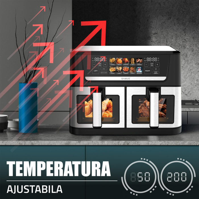 Friteuza cu aer cald Samus AF12TWIN-S2800DW, 2800 W, 12 l, Doua cosuri independente de cate 6 litri cu interior antiaderent si fereastra, Timer, 10 programe, Afisaj electronic color [9]
