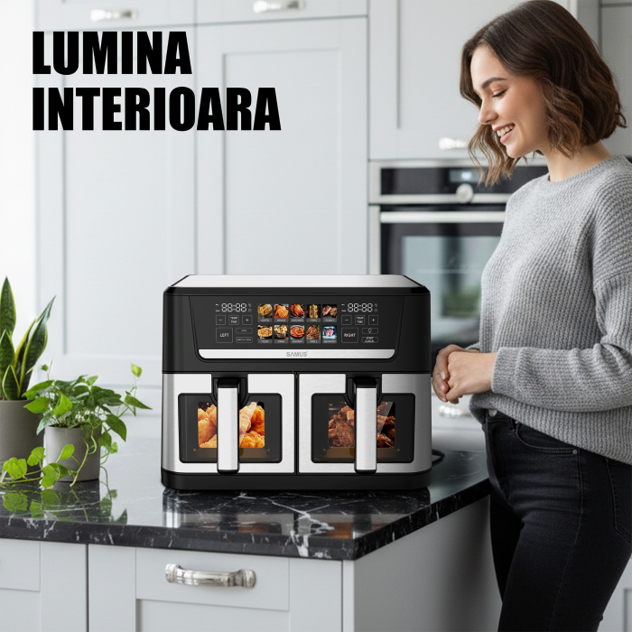 Friteuza cu aer cald Samus AF12TWIN-S2800DW, 2800 W, 12 l, Doua cosuri independente de cate 6 litri cu interior antiaderent si fereastra, Timer, 10 programe, Afisaj electronic color [11]