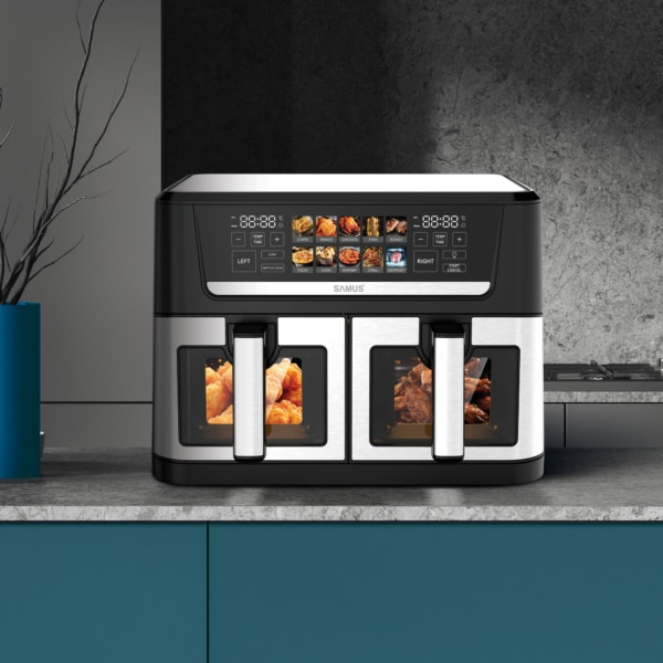 Friteuza cu aer cald Samus AF12TWIN-S2800DW, 2800 W, 12 l, Doua cosuri independente de cate 6 litri cu interior antiaderent si fereastra, Timer, 10 programe, Afisaj electronic color [2]