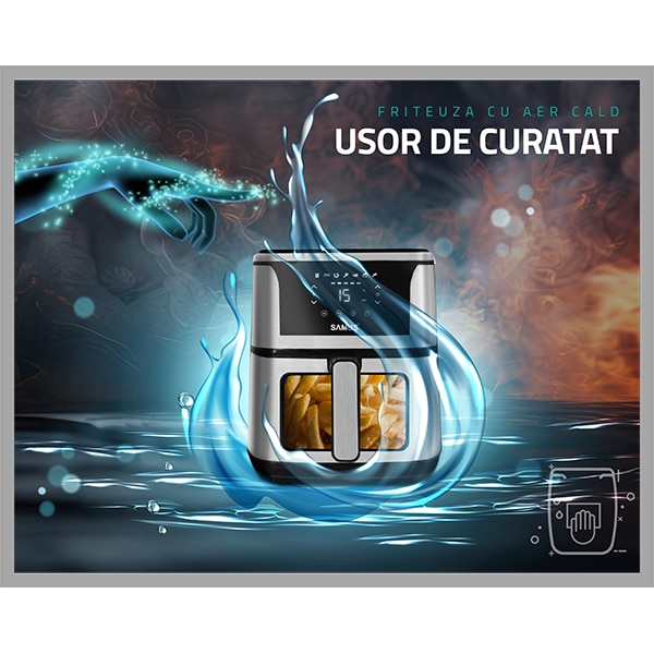 Friteuza cu aer cald Samus AF5-S1400DW, 1400 W, 5 L, Display led, Timer 60 min, 7 Programe, Fry Force 360°, Touch Control, Negru/Argintiu [10]