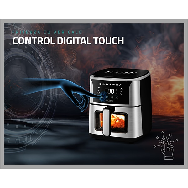 Friteuza cu aer cald Samus AF5-S1400DW, 1400 W, 5 L, Display led, Timer 60 min, 7 Programe, Fry Force 360°, Touch Control, Negru/Argintiu [8]