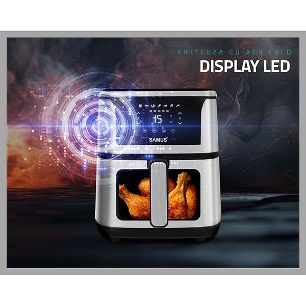 Friteuza cu aer cald Samus AF5-S1400DW, 1400 W, 5 L, Display led, Timer 60 min, 7 Programe, Fry Force 360°, Touch Control, Negru/Argintiu [7]