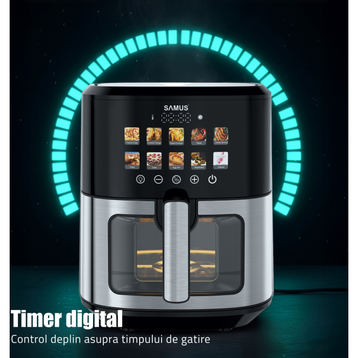 Friteuza cu aer cald Samus AF6.5H-S1701DW, 6.5 l, 1700 W, Afisaj electronic color, Control digital tactil, Timer 0-60 min, 10 programe, Tehnologia Fry-Force 360° [9]