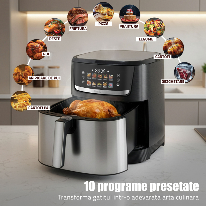 Friteuza cu aer cald Samus AF8-S1700DW, putere 1700W, 8 litri, control digital tactil, 12 programe presetate, tehnologie Fry-Force 360°, negru-inox [2]