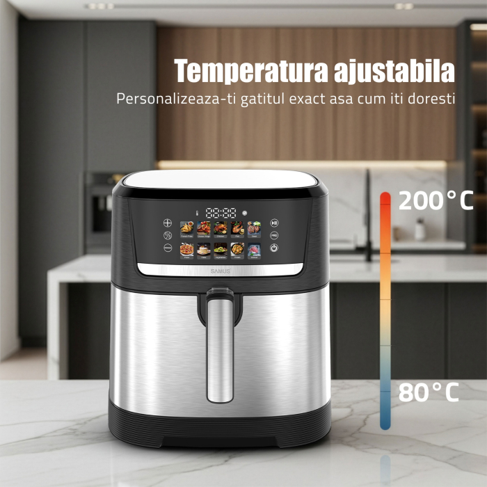 Friteuza cu aer cald Samus AF8-S1700DW, putere 1700W, 8 litri, control digital tactil, 12 programe presetate, tehnologie Fry-Force 360°, negru-inox [4]