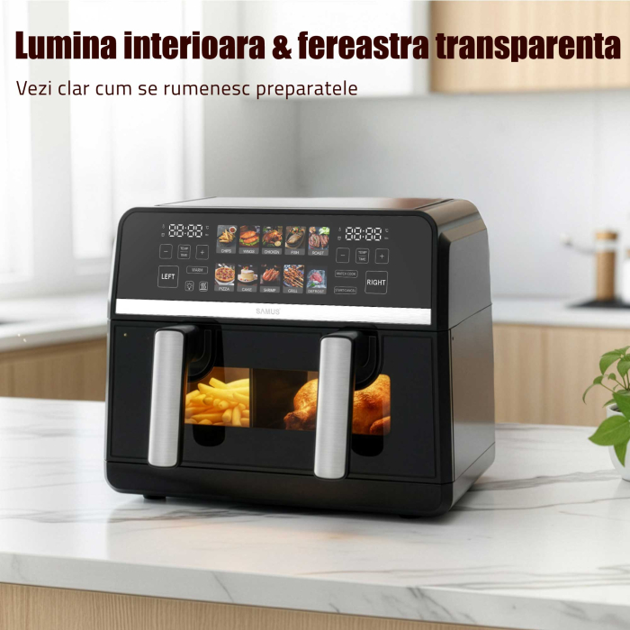 Friteuza cu aer cald Samus AF9BIG-S2500DW, 2500 W, 9 litri, Separator compartiment detasabil, Afisaj electronic color, Touch Control, Timer, 10 programe, Tehnologia Fry-Force 360° [13]