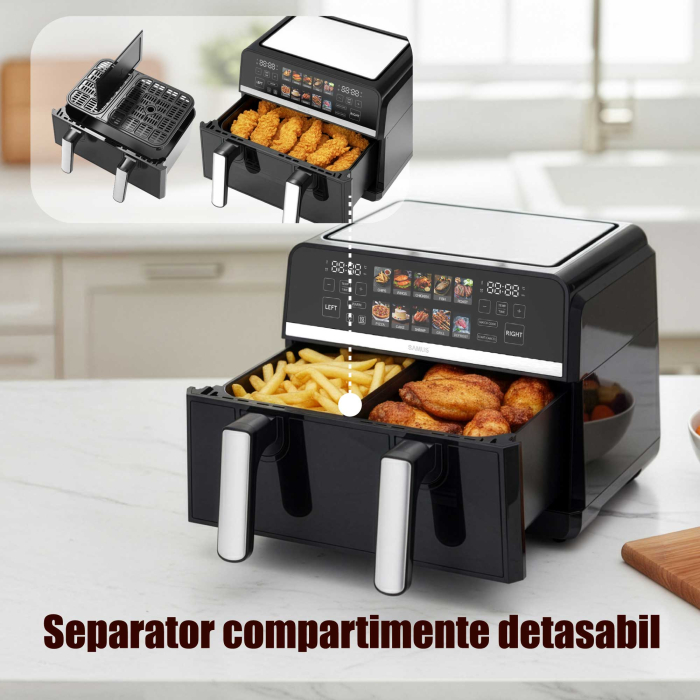 Friteuza cu aer cald Samus AF9BIG-S2500DW, 2500 W, 9 litri, Separator compartiment detasabil, Afisaj electronic color, Touch Control, Timer, 10 programe, Tehnologia Fry-Force 360° [7]