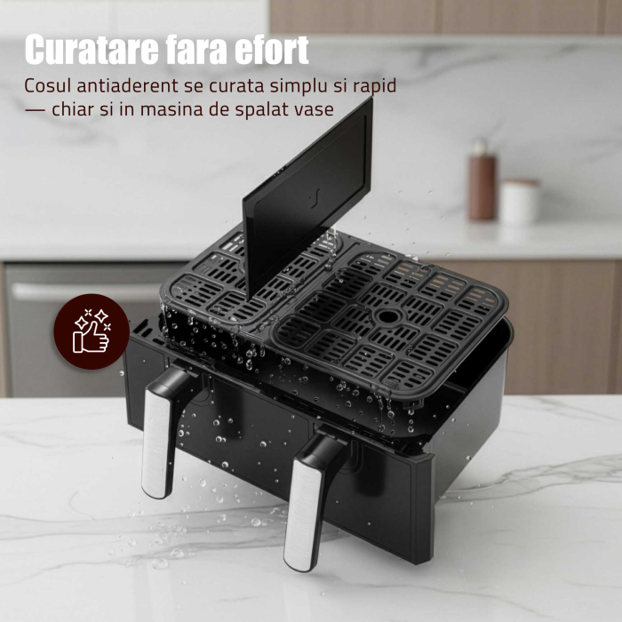 Friteuza cu aer cald Samus AF9BIG-S2500DW, 2500 W, 9 litri, Separator compartiment detasabil, Afisaj electronic color, Touch Control, Timer, 10 programe, Tehnologia Fry-Force 360° [14]