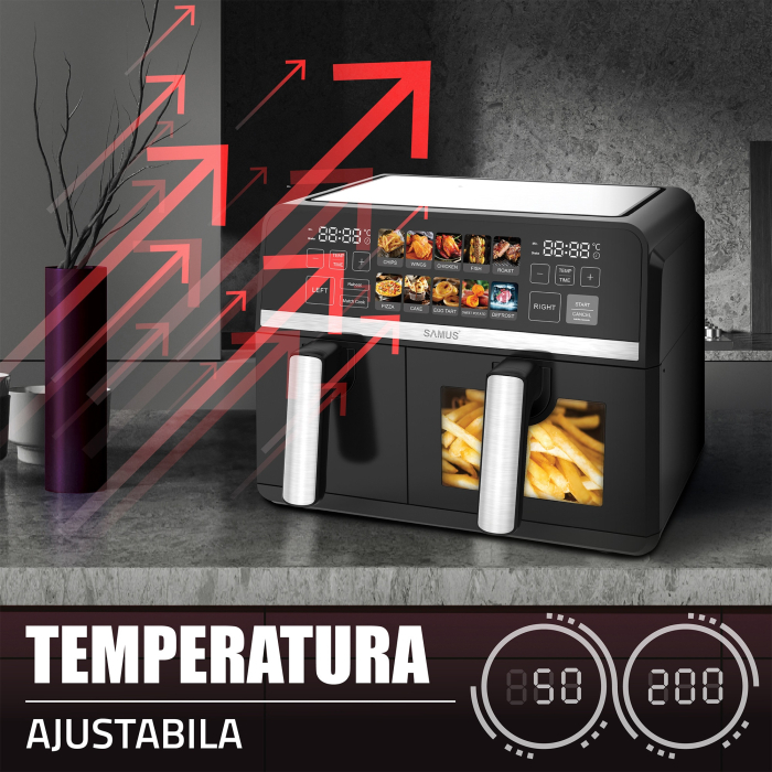 Friteuza cu aer cald Samus AF9DUO-S2600DW, 2600 W, 9 litri, Doua cosuri cu interior antiaderent: 3.5 litri si 5.5 litri cu fereastra, Afisaj electronic color, Touch Control, Timer, 10 programe [9]