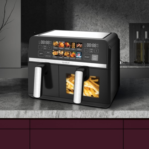 Friteuza cu aer cald Samus AF9DUO-S2600DW, 2600 W, 9 litri, Doua cosuri cu interior antiaderent: 3.5 litri si 5.5 litri cu fereastra, Afisaj electronic color, Touch Control, Timer, 10 programe [5]